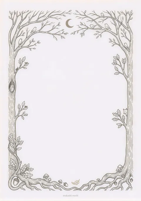 月と2本の木が描かれた、森の便箋テンプレートの線画