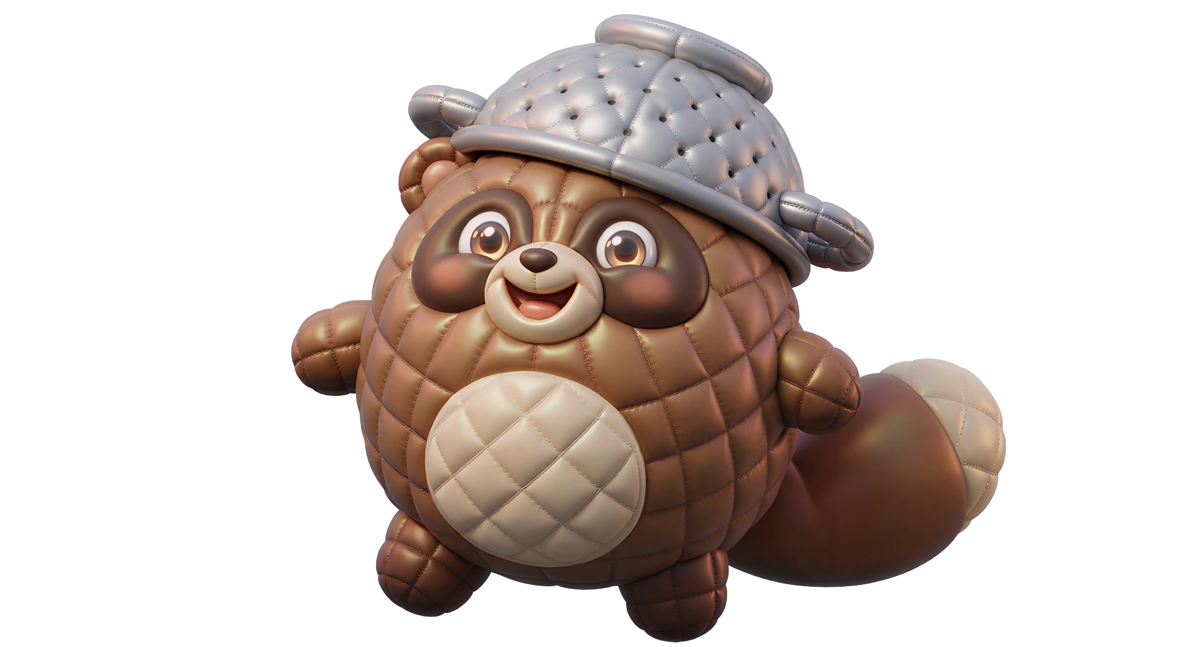 Tanuki, a cheerful raccoon-dog with a broad hat and a mischievous grin
