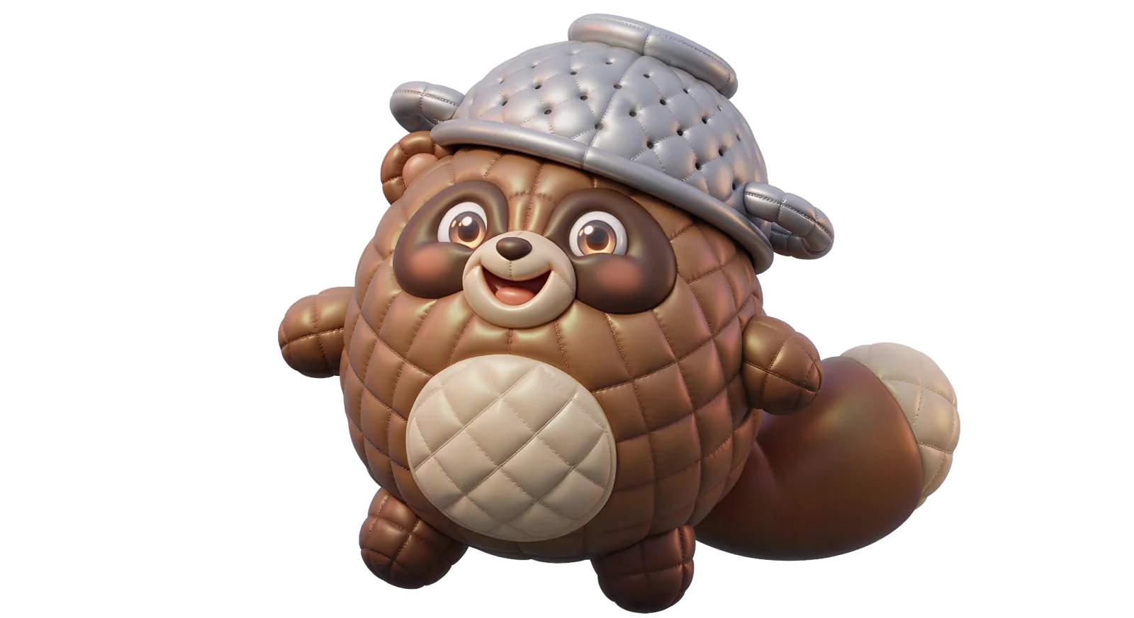 Tanuki, a cheerful raccoon-dog with a broad hat and a mischievous grin