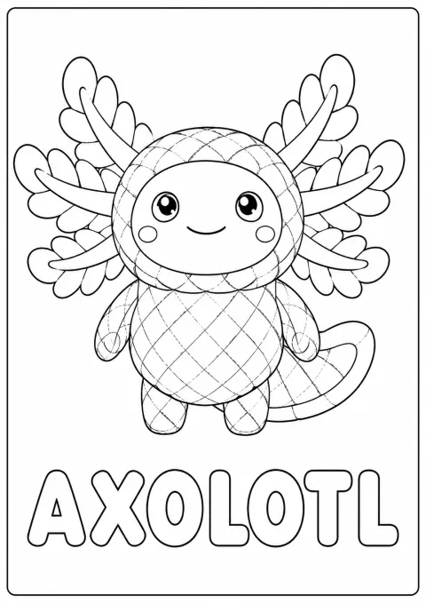 ウーパールーパーのキャラクターぬりえ線画。AXOLOTLの文字入り