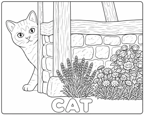 石垣からのぞくねこと花だんのぬりえ線画。CATの文字入り