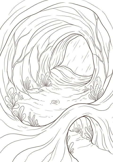 水がながれる、ふしぎなほら穴のぬりえ線画