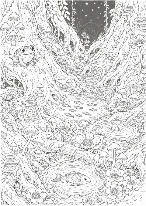 きのこと小さな池がある、夜の森のぬりえ線画