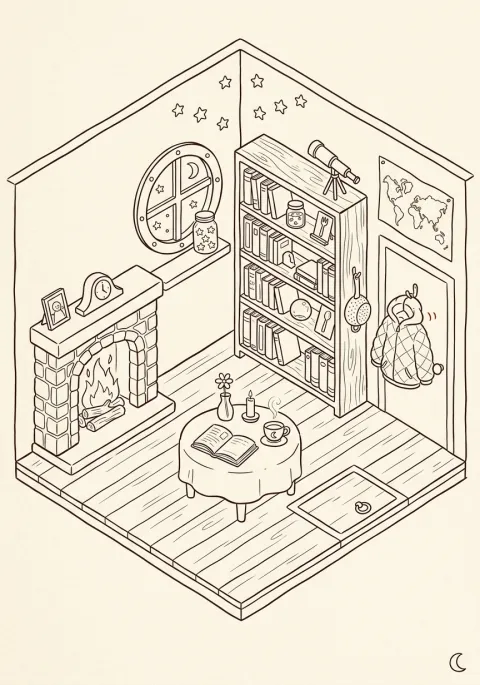暖炉と本棚のある、ホシの家のリビングルームのぬりえ線画