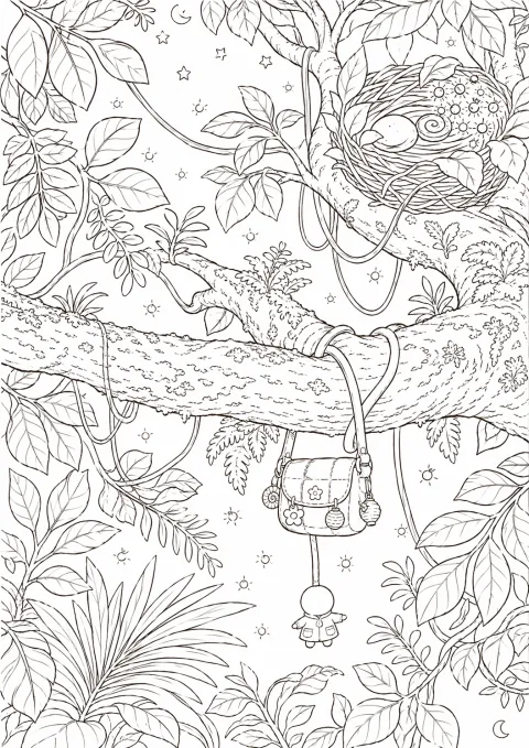 ジャングルの枝の上にある鳥の巣と、ぶらさがるホシのぬりえ線画