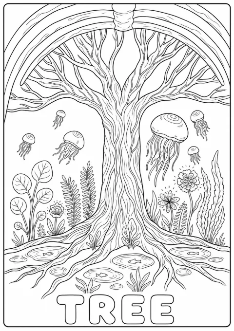 クラゲが泳ぐなかに立つ、大きな木のぬりえ線画。TREEの文字入り