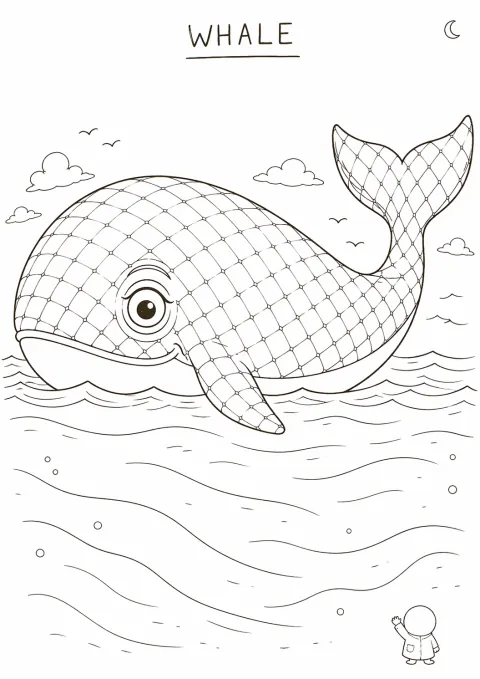 月の下、海をおよぐ大きなクジラのぬりえ線画。WHALEの文字入り