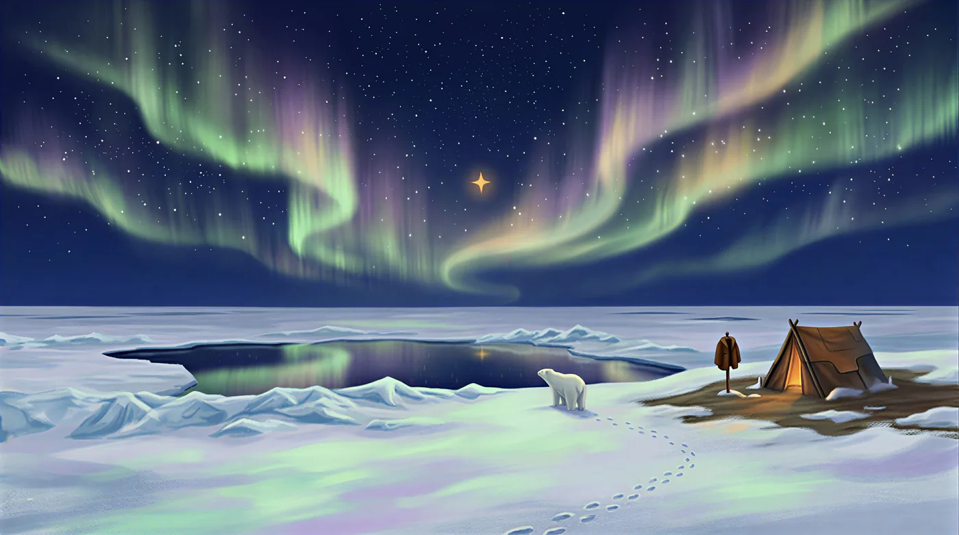 The Arctic under the aurora, a tent glowing on the ice