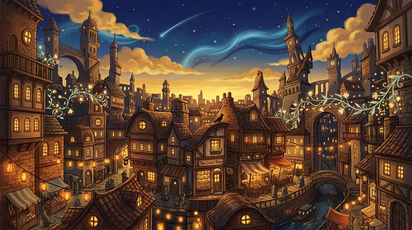 The Big City at dusk, lanterns coming on