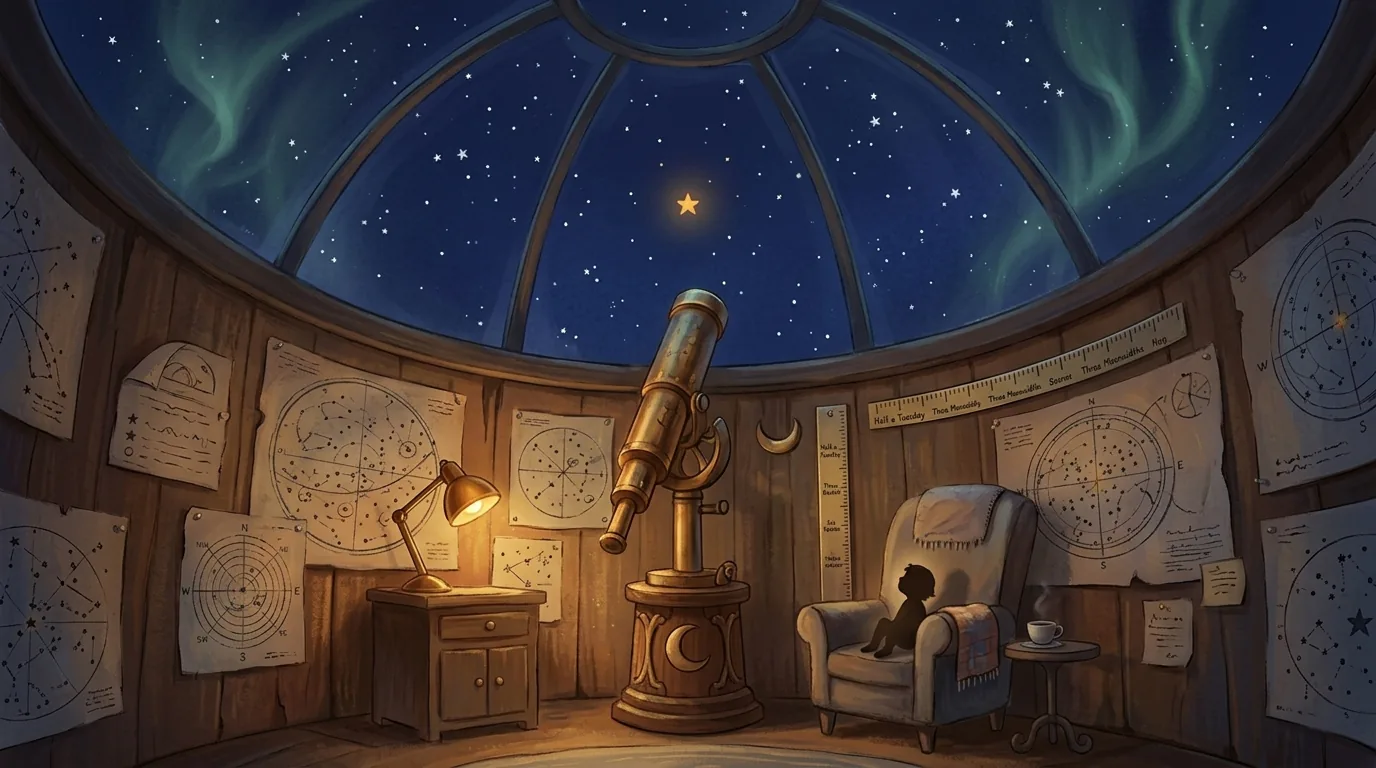 The observatory in Hoshi's house, a child watching the stars