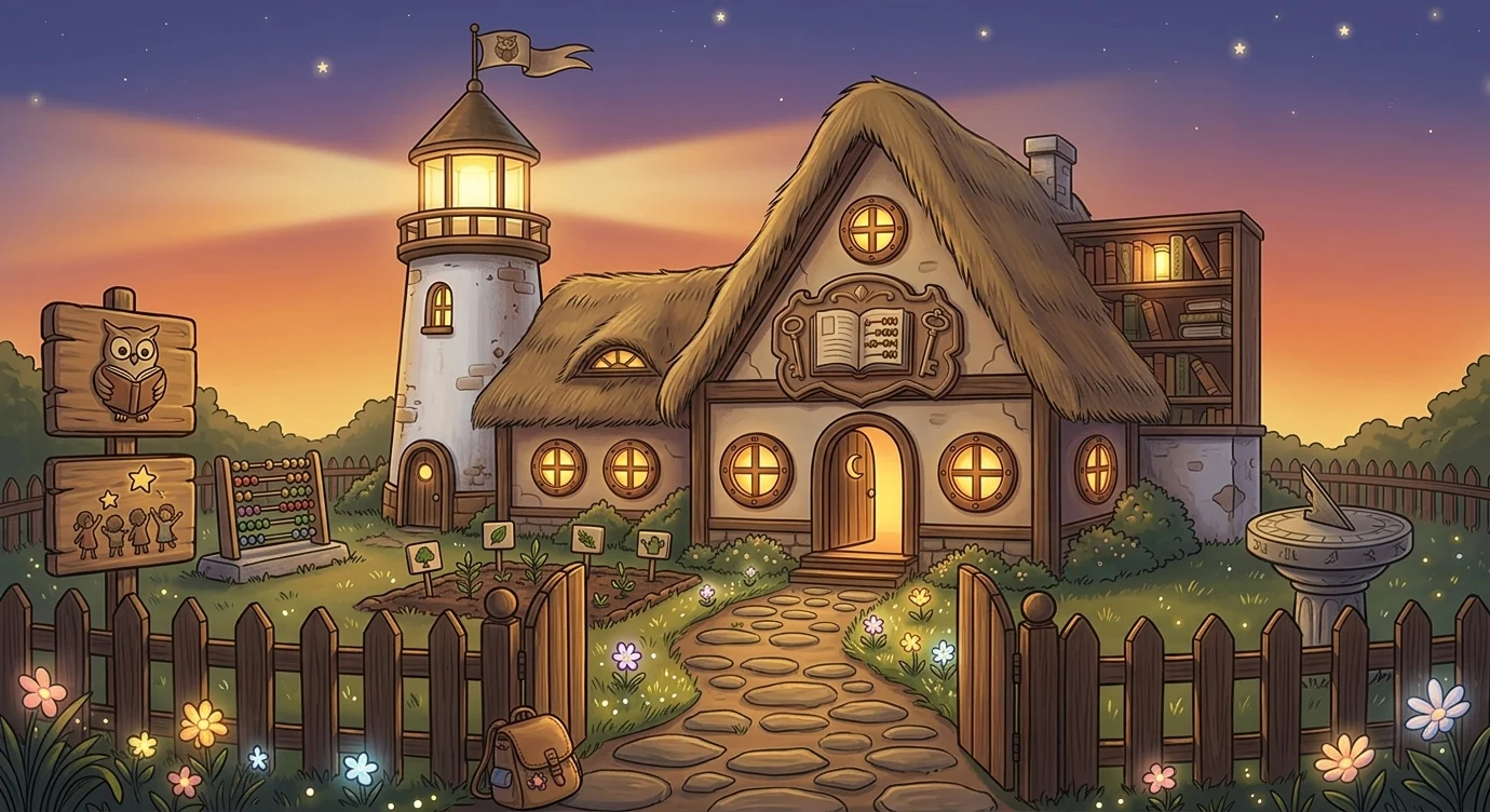 An illustrated schoolhouse at dusk, a lighthouse glowing behind it