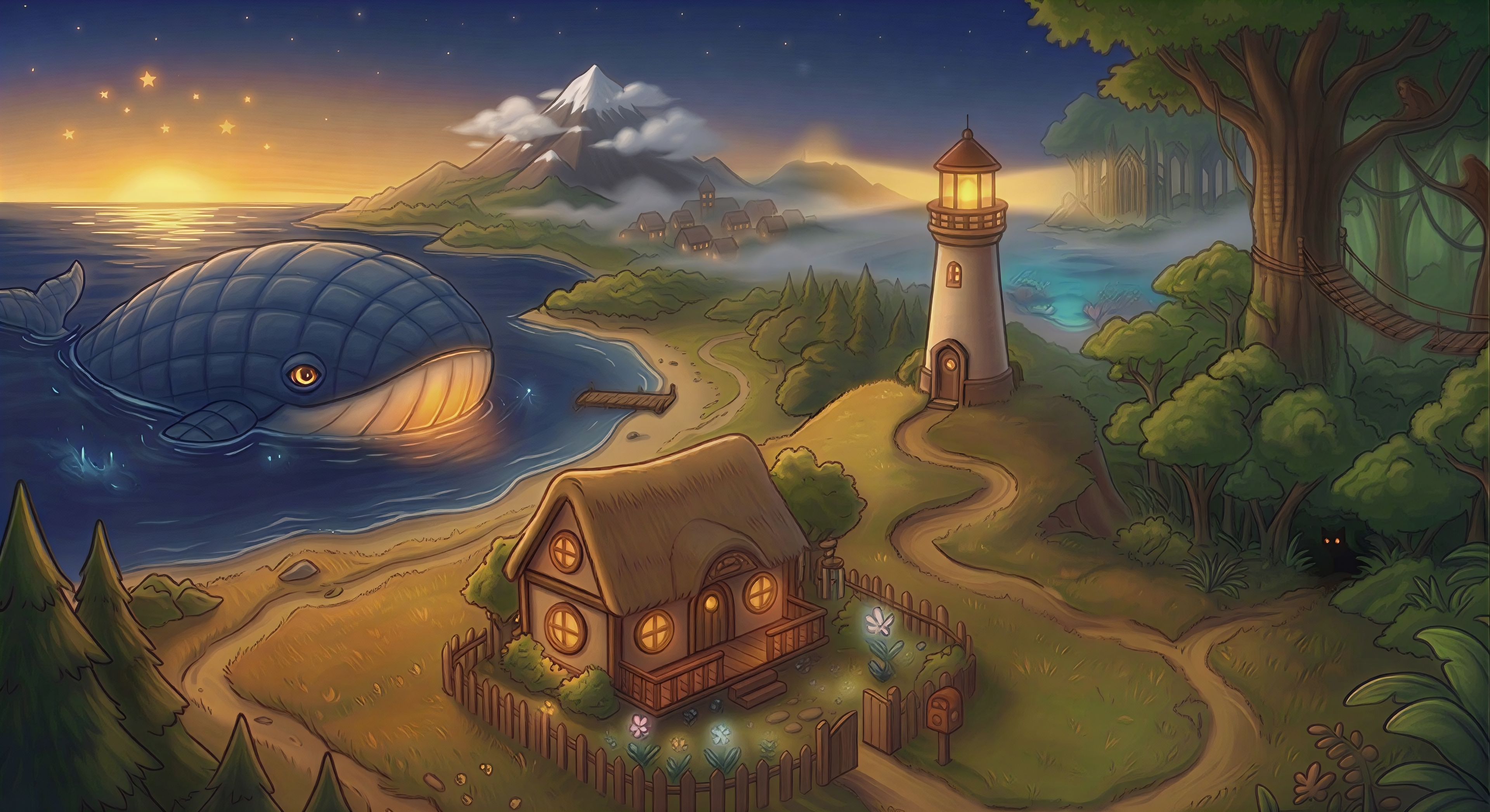 An illustrated map showing the six worlds of Mukashi