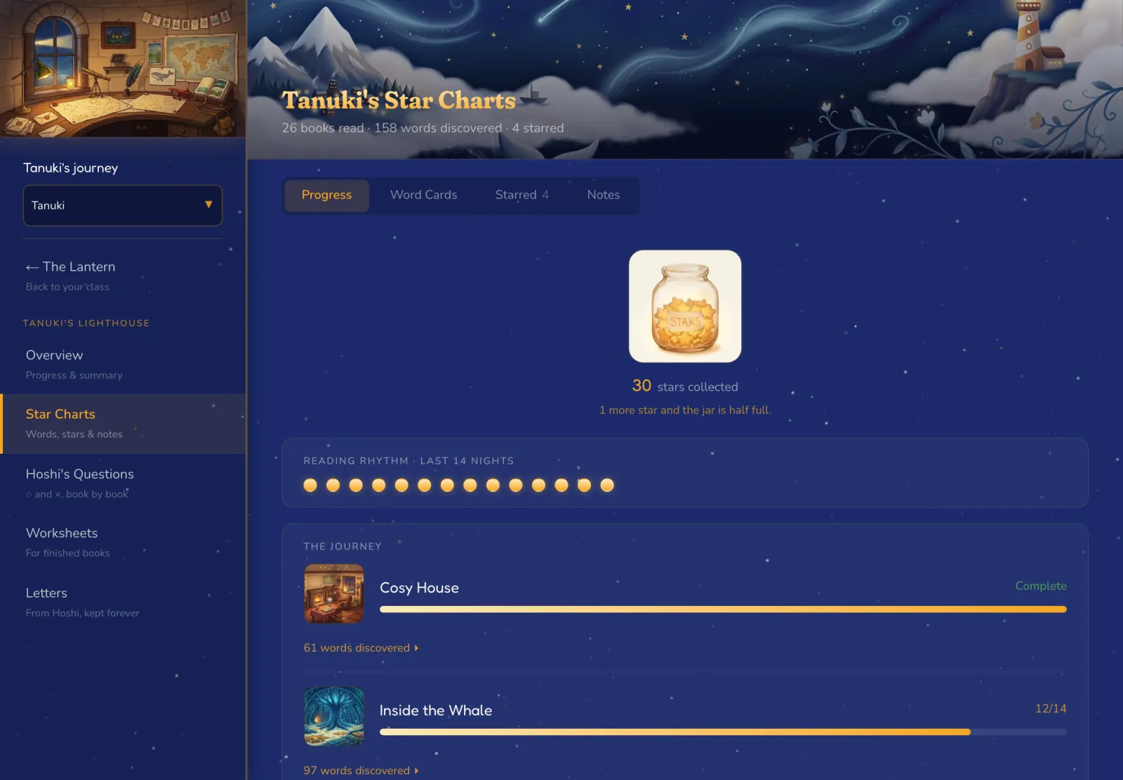Star Charts: word cards shown with the story pictures they came from, and the star jar.