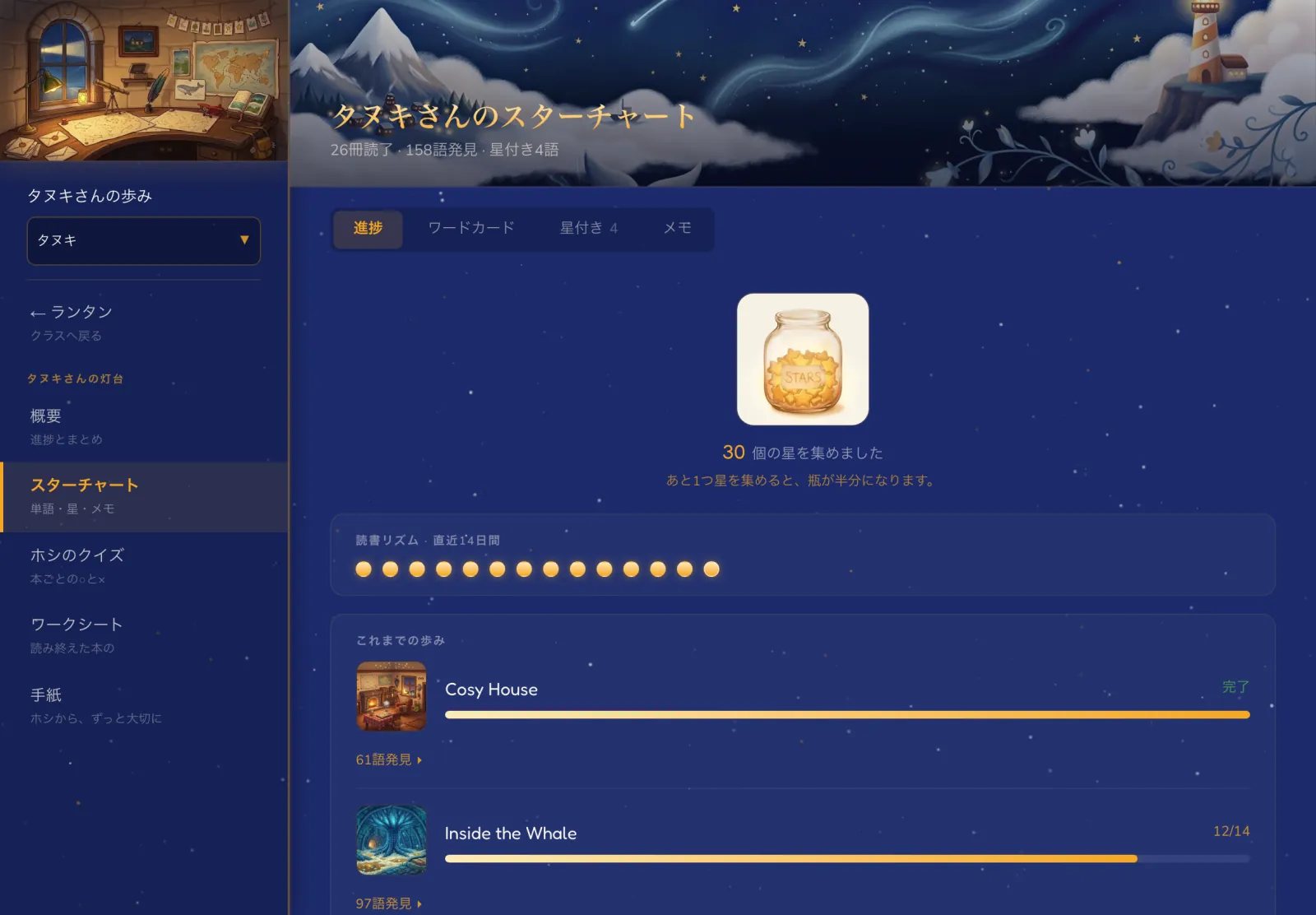 スターチャート。物語の絵がついたワードカードと、星のびん。