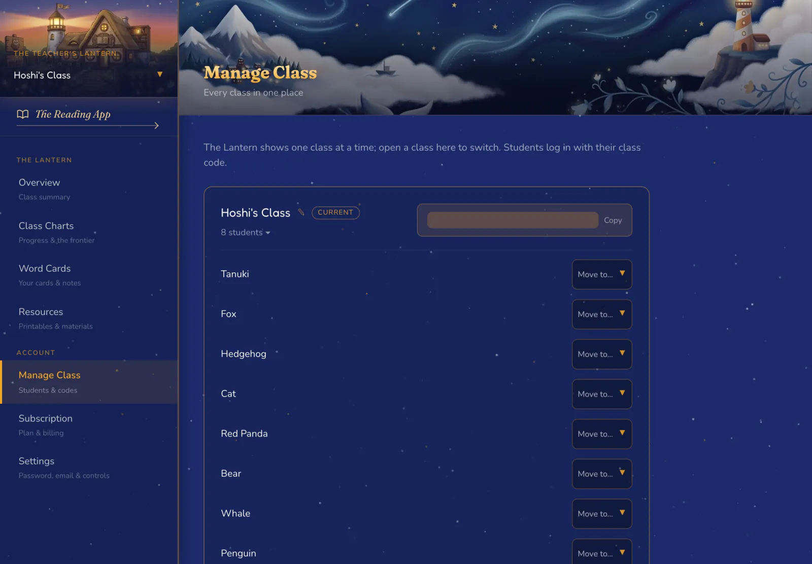 Manage Class: the students in a class and the class code (hidden here).