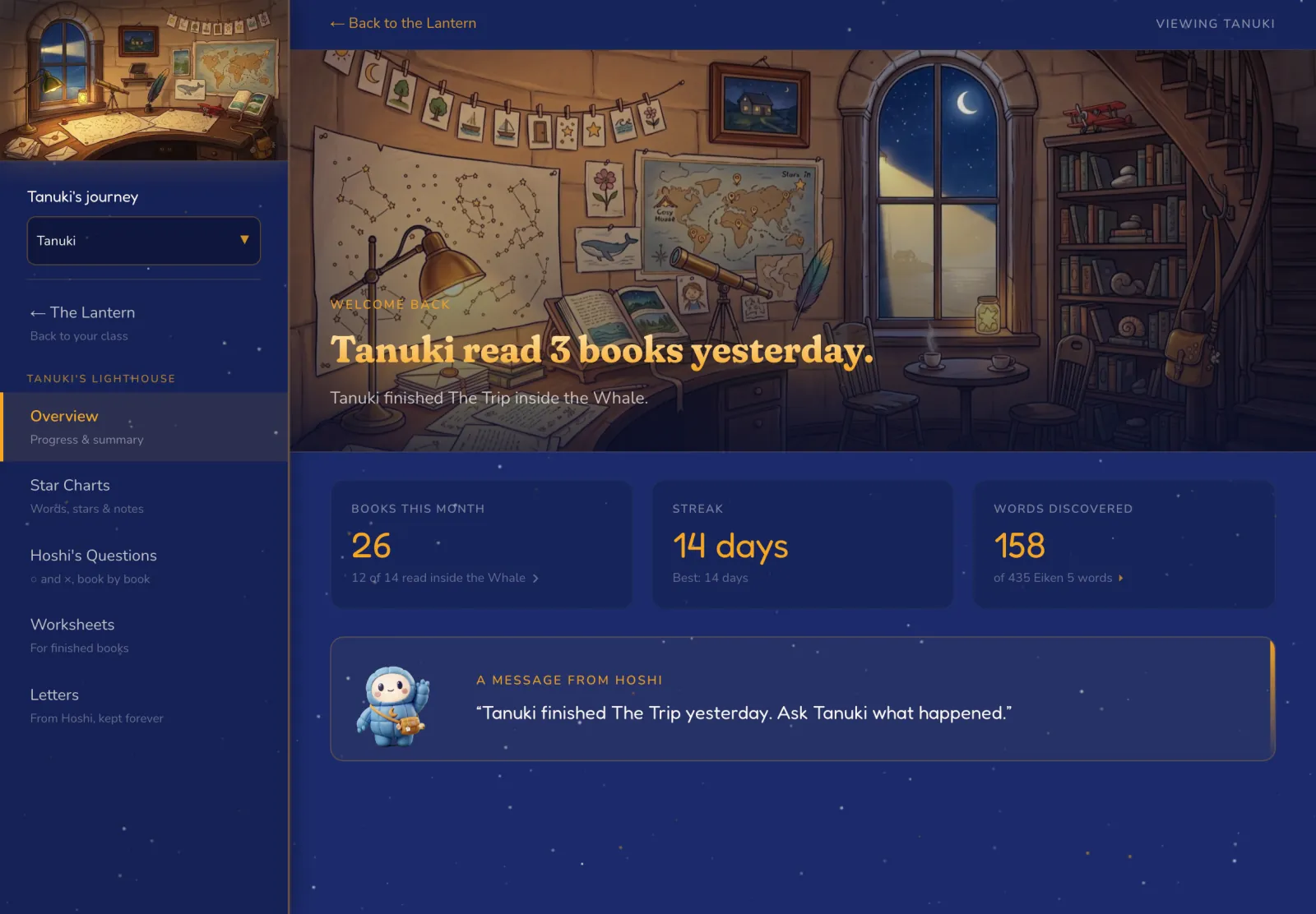 A child's Lighthouse overview: books this month, reading streak, words discovered, and a message from Hoshi.
