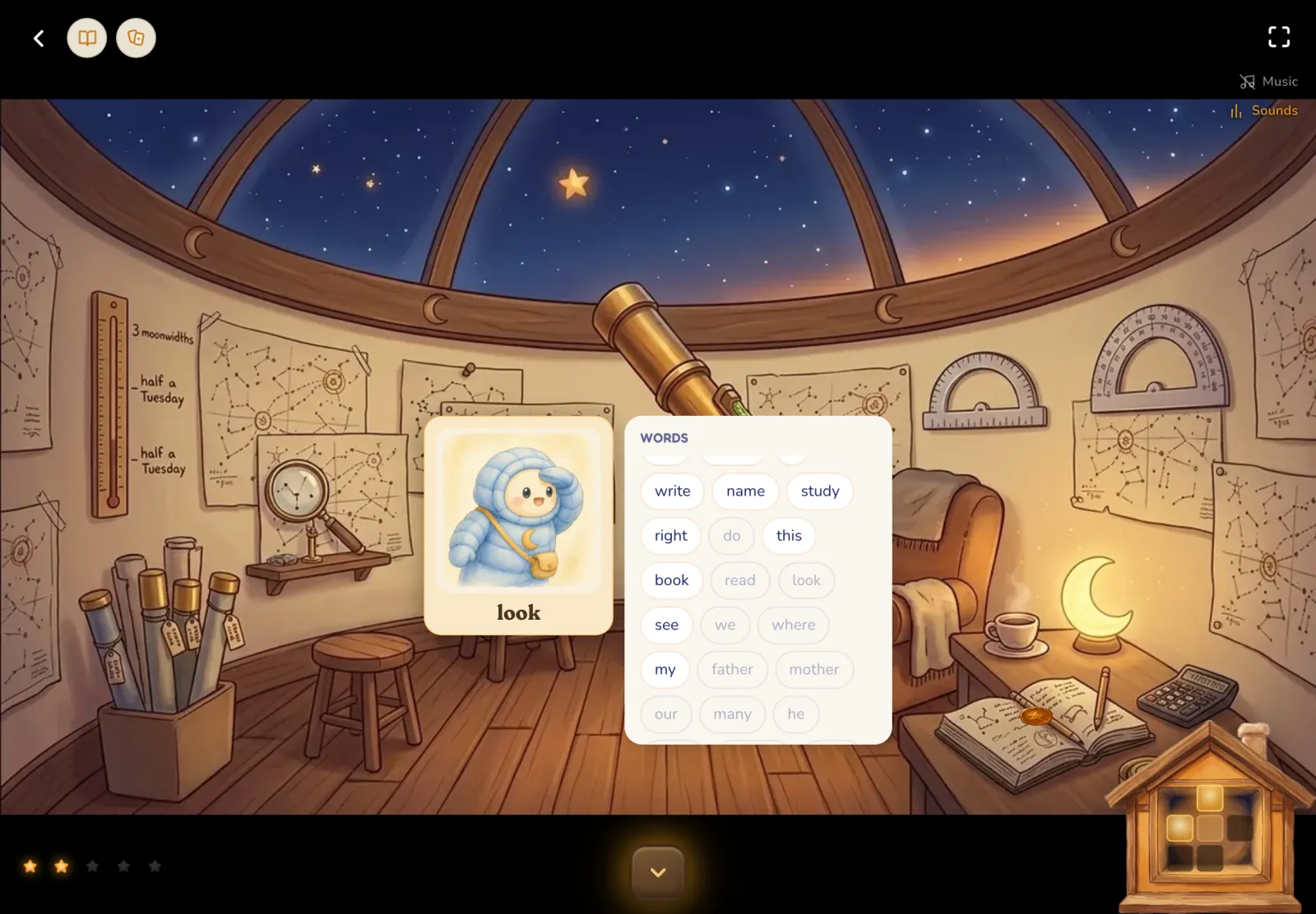 Back in the world after a story: the story's new words arrive one by one as picture cards.