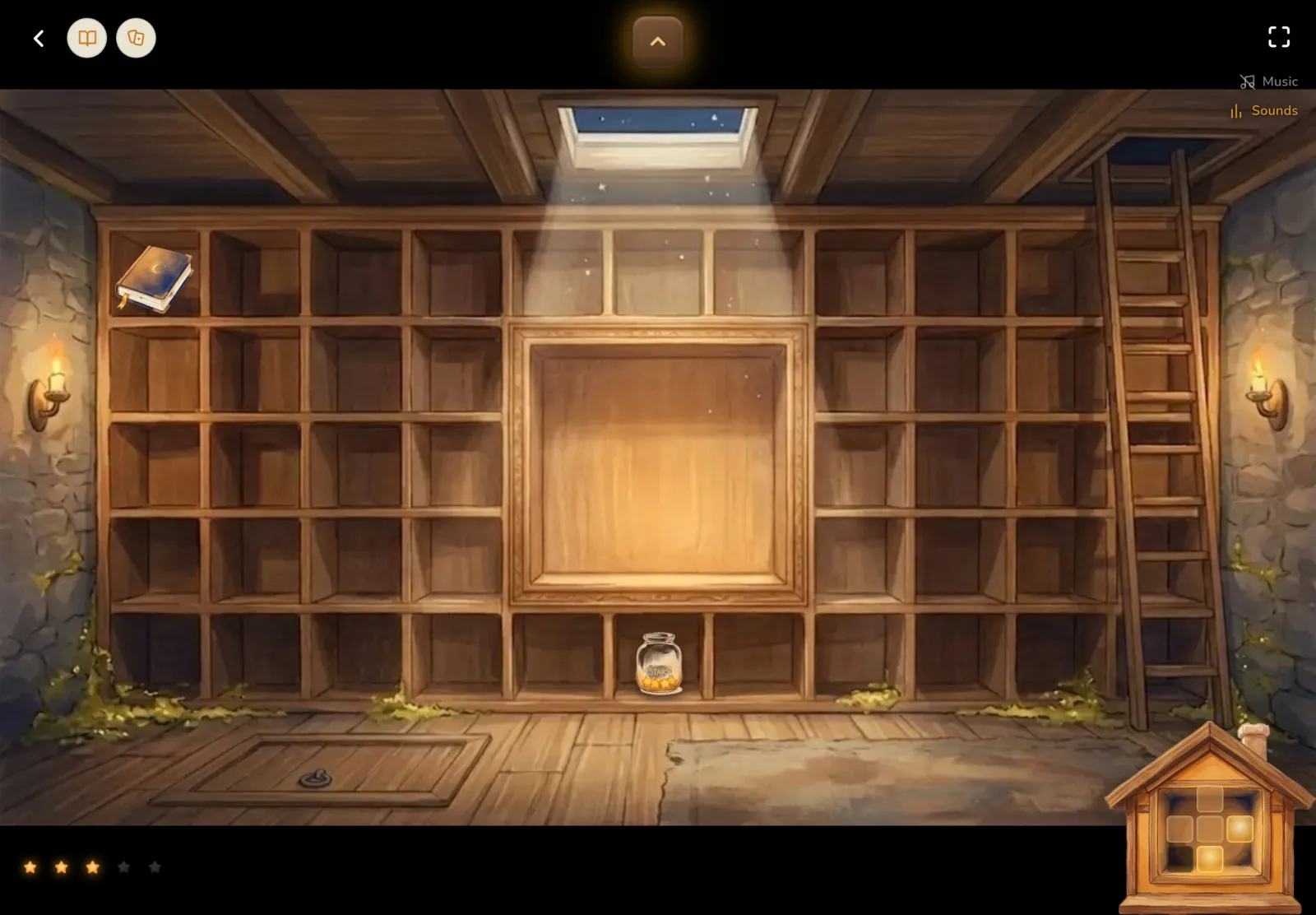 The basement under the Cosy House, where Hoshi's gifts sit on shelves.