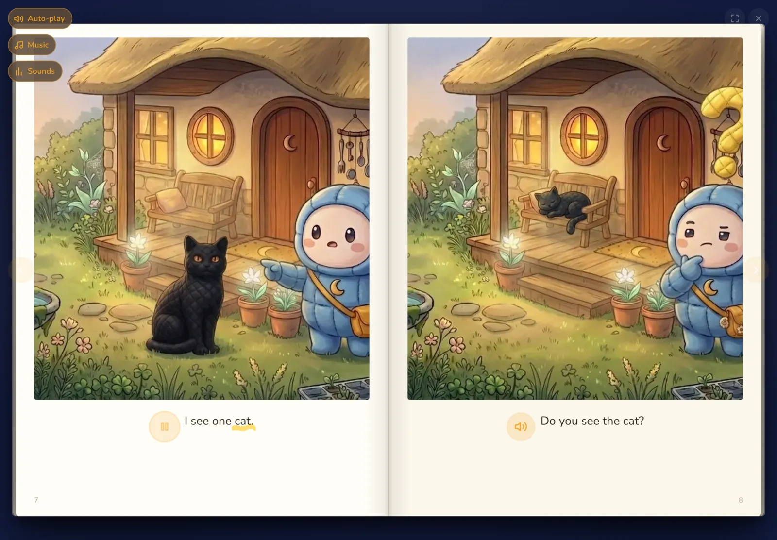 A story page in the app, with the word being read aloud lit in gold.
