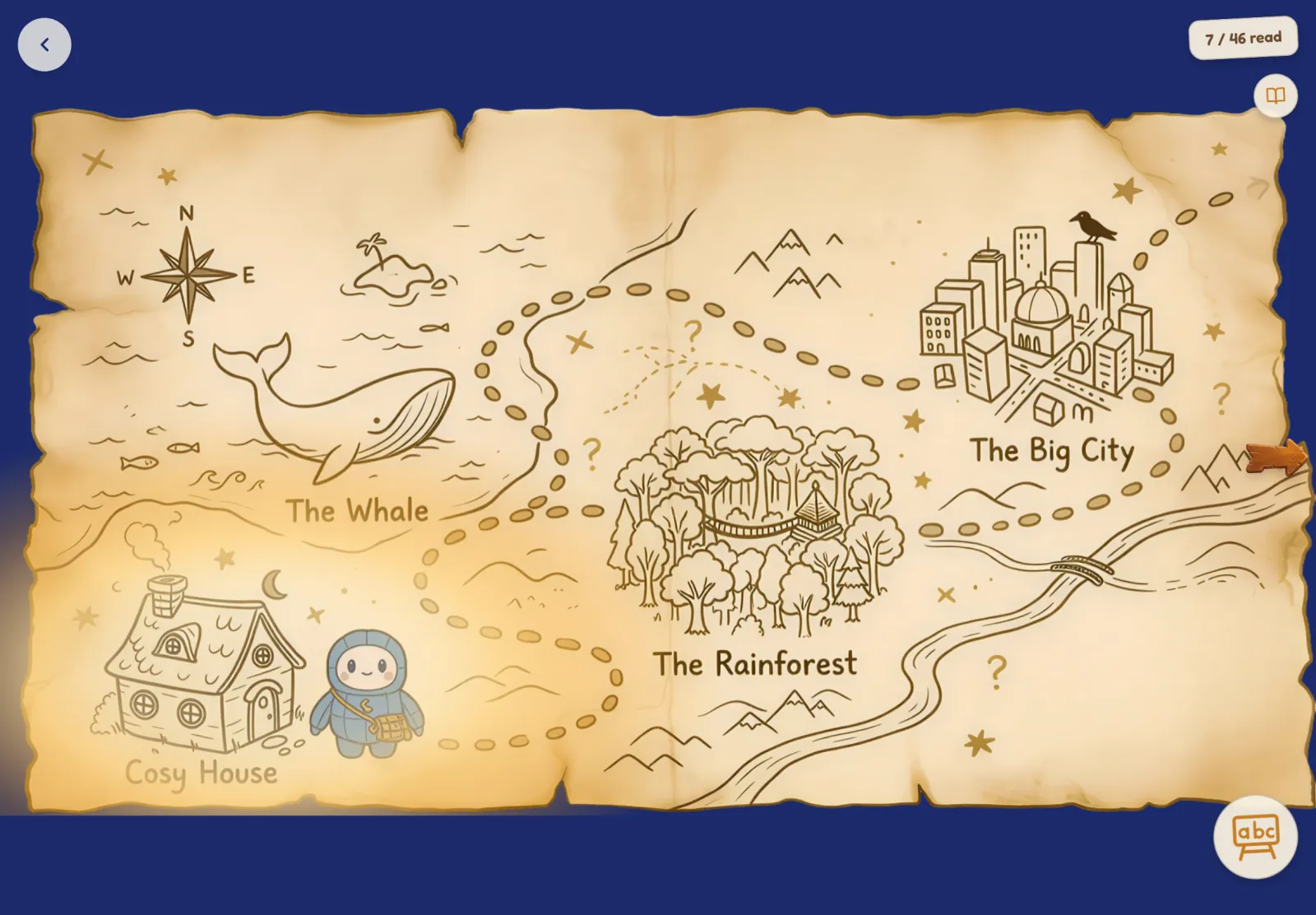 The world map in the app, with the Cosy House, Inside the Whale and the Rainforest, and a Word Journey counter.