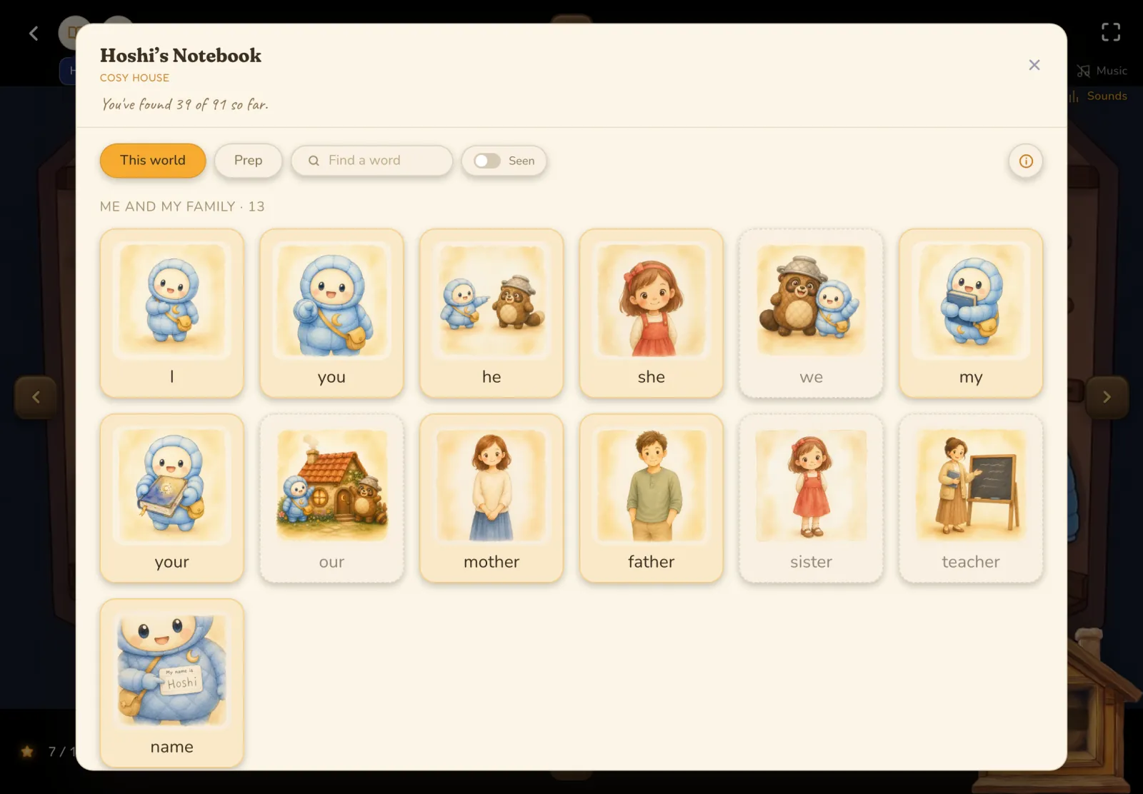 Hoshi's Notebook in the app: word cards on topic shelves, learned words ruled in gold.