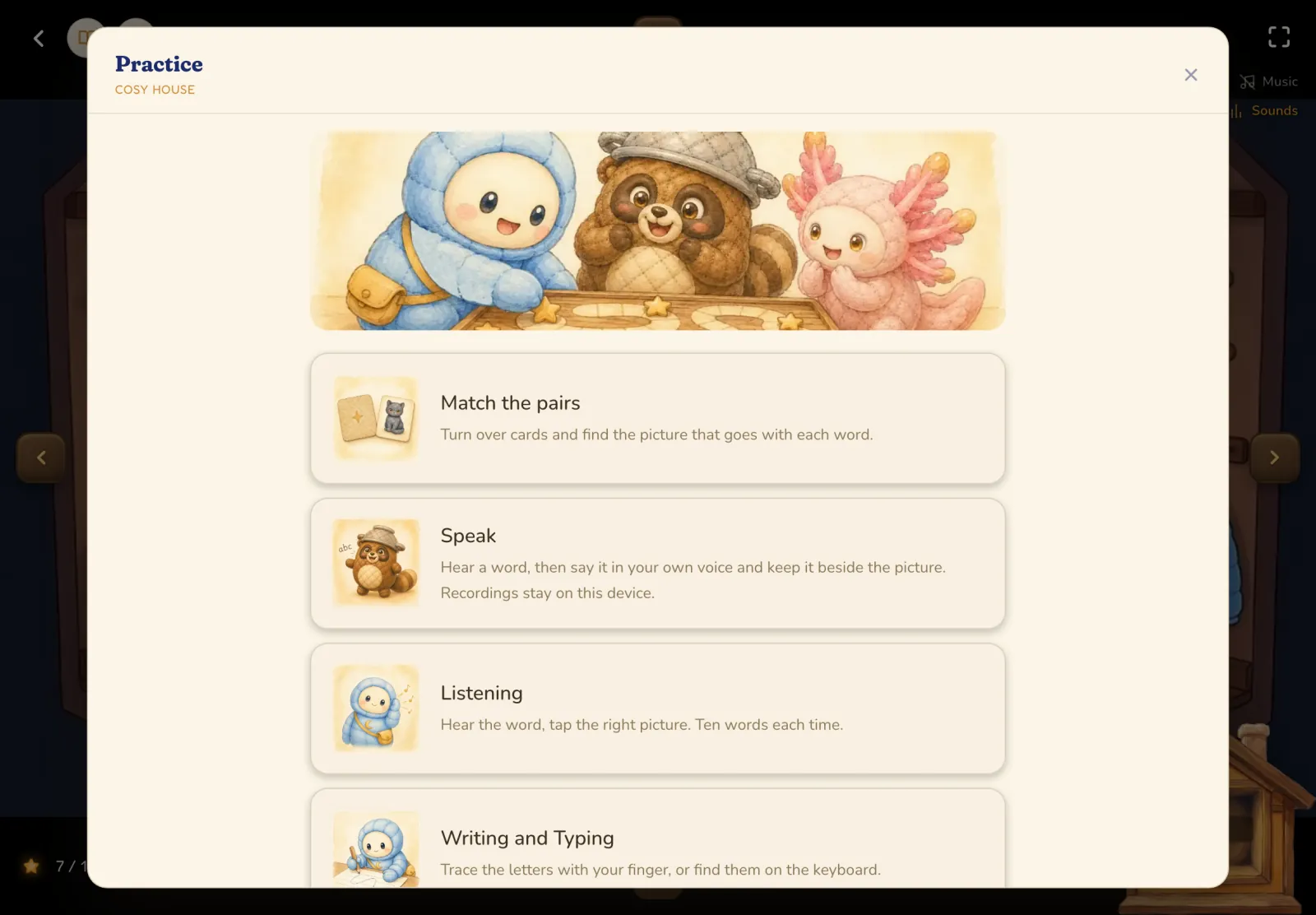 The Practice screen inside a world, with games dealt from that world's words.