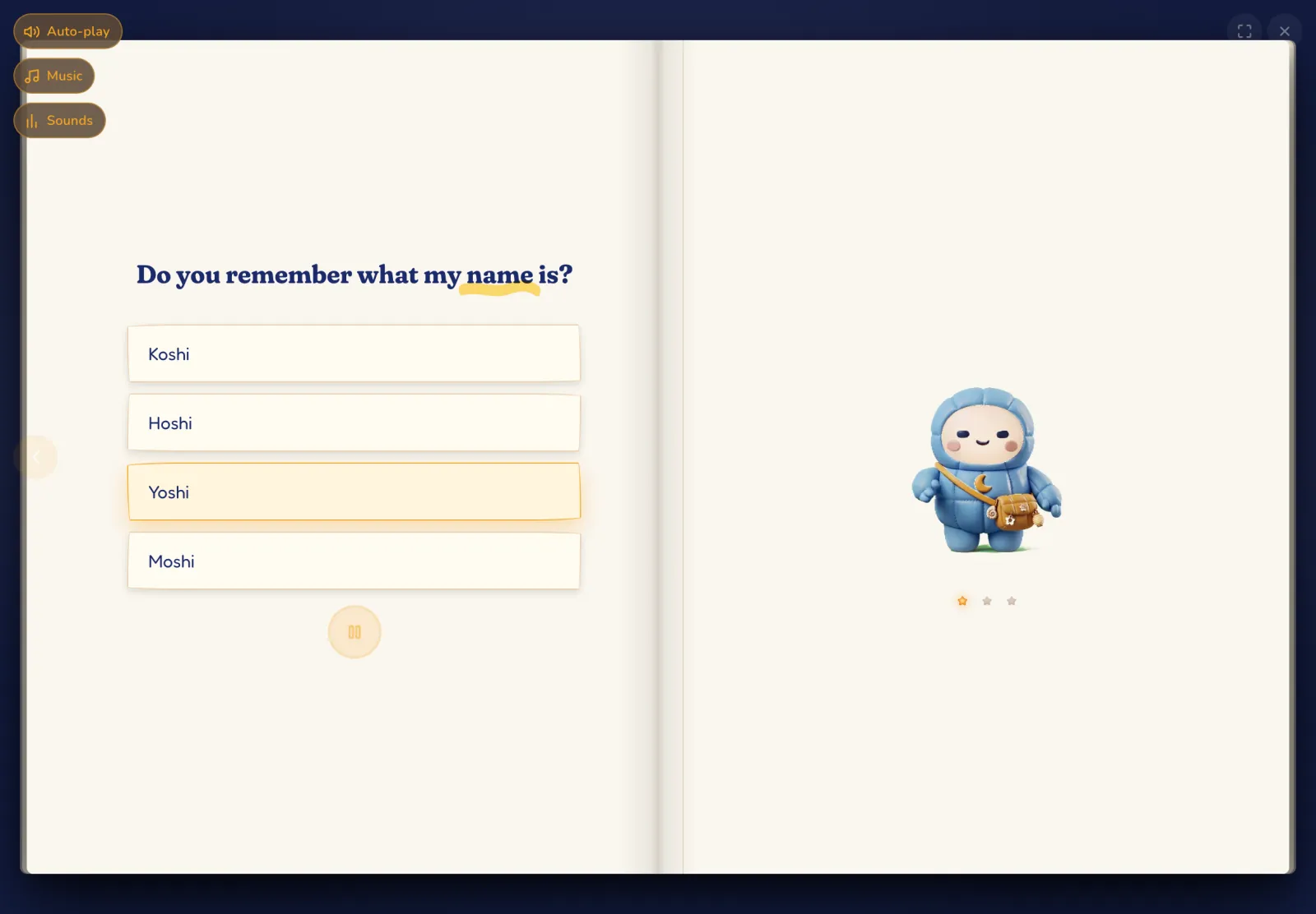 Hoshi's question after a story, with four picture answers.