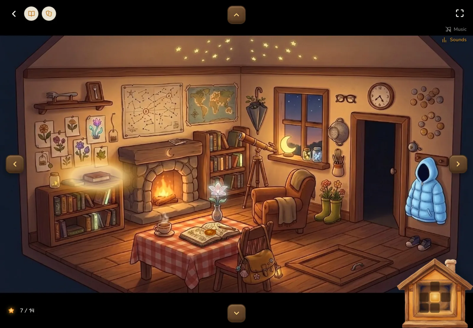 A room in the Cosy House world, with the next book glowing on a shelf and a painted mini-map in the corner.