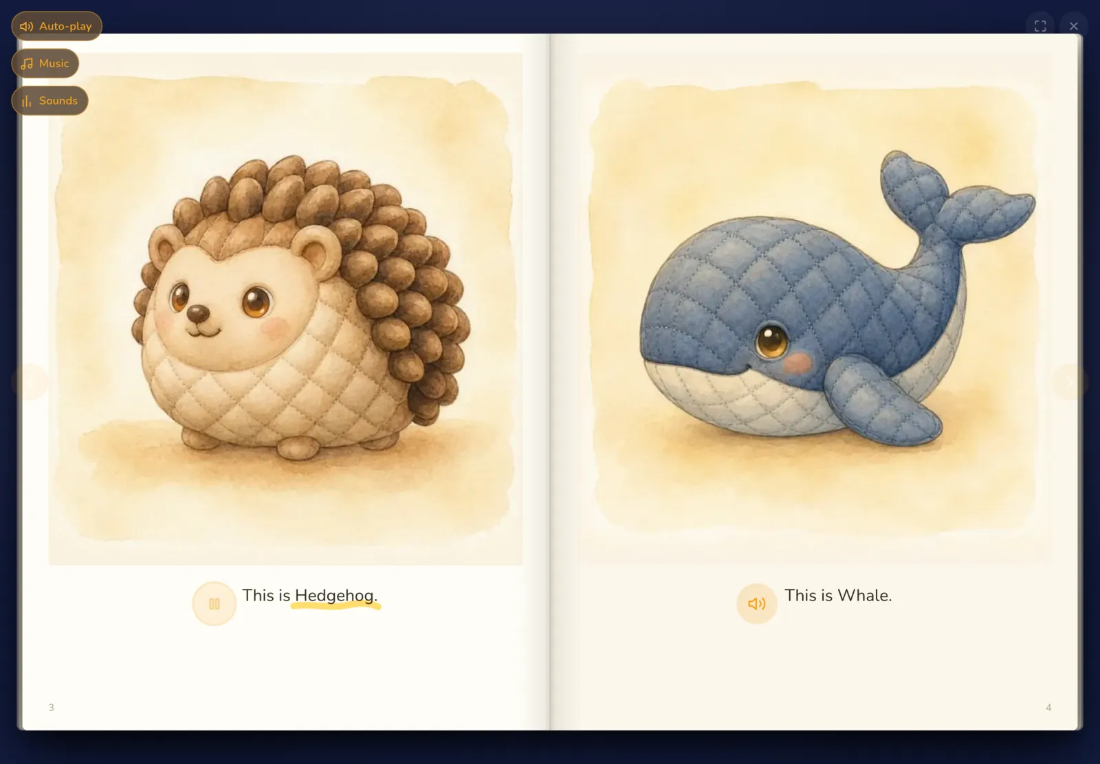 A page of a Schoolhouse book in the app, with the word being read aloud lit in gold.