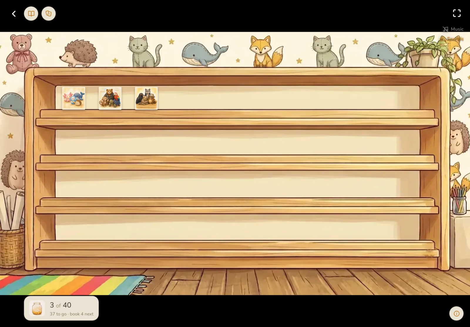 The child's bookshelf in the app, holding every Schoolhouse book already read.