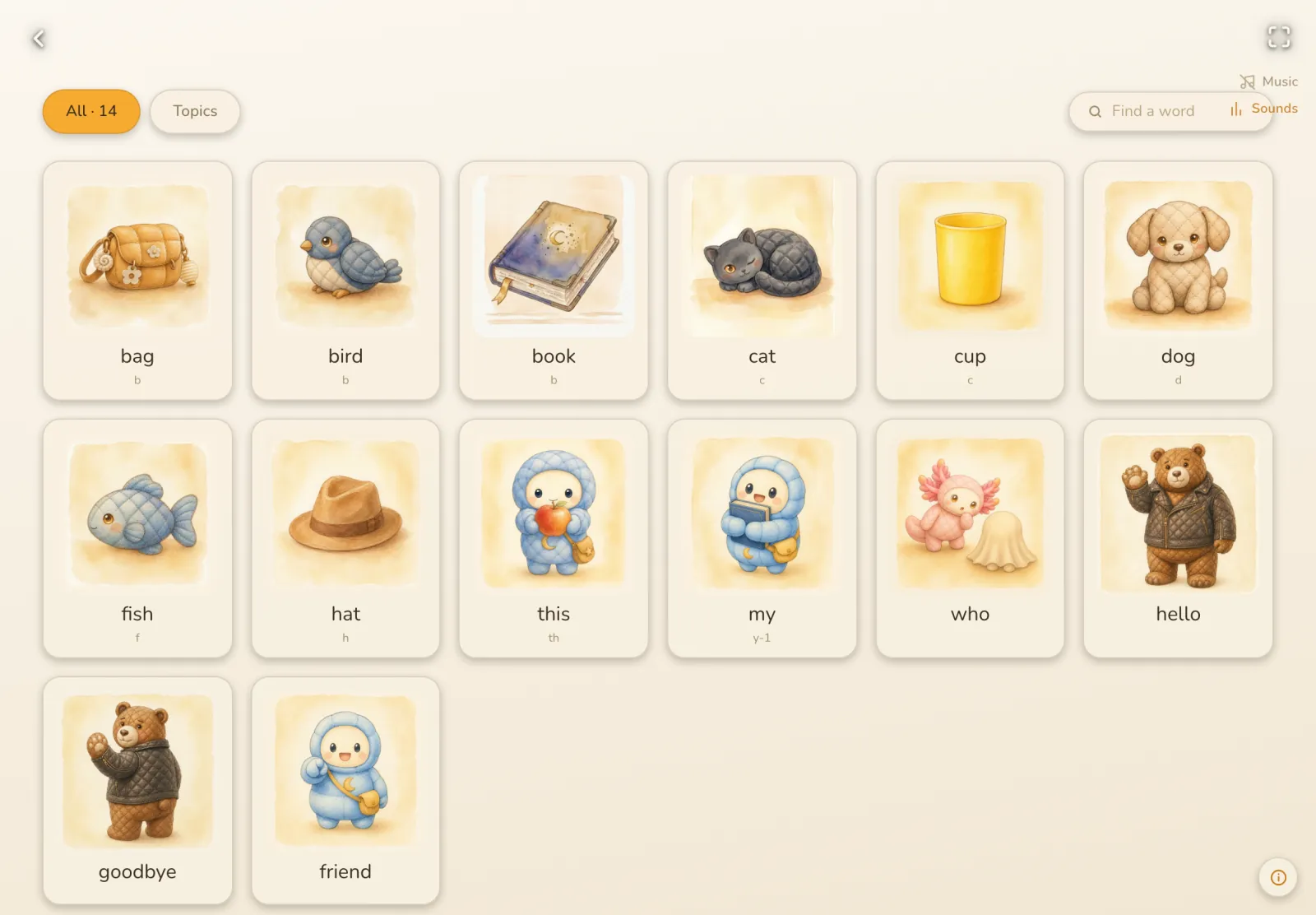 The Teacher's Notebook in the app: a picture dictionary of words, sorted by topic.