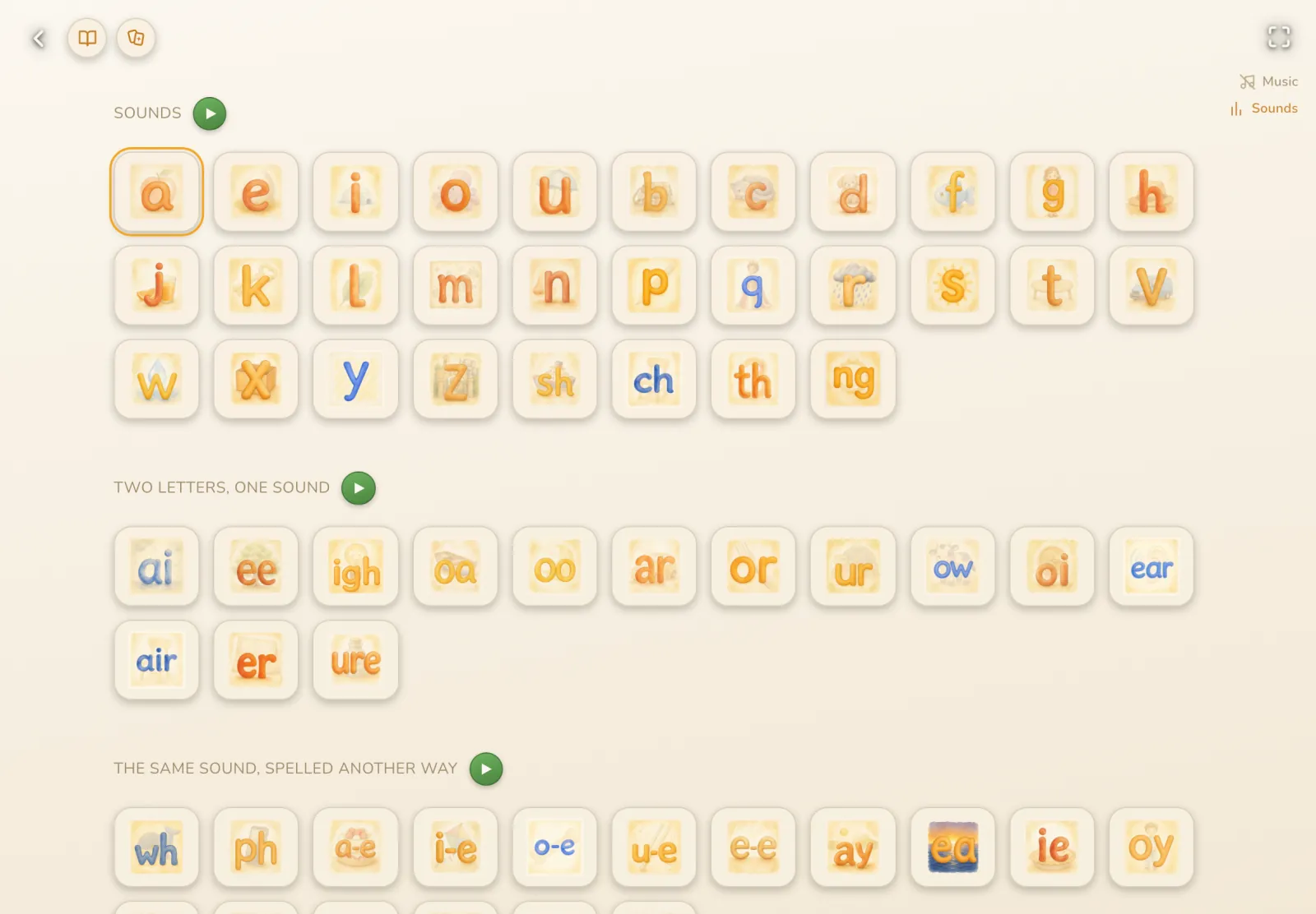 The phonics wall in the app: picture cards for each letter sound, grouped in sections.