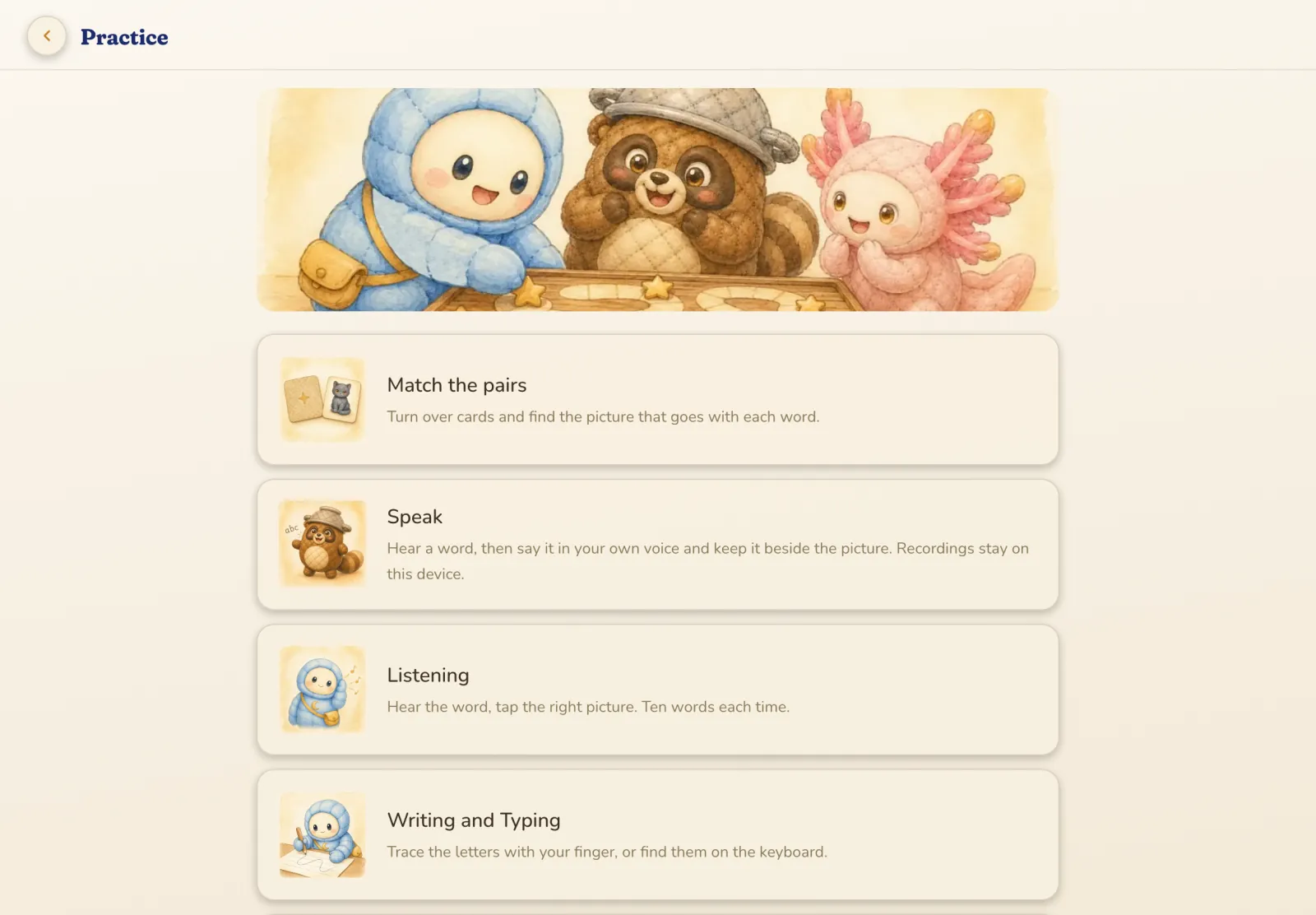 The Practice screen in the app, with Hoshi and friends above four activities: Match the pairs, Speak, Listening, and Writing and Typing.