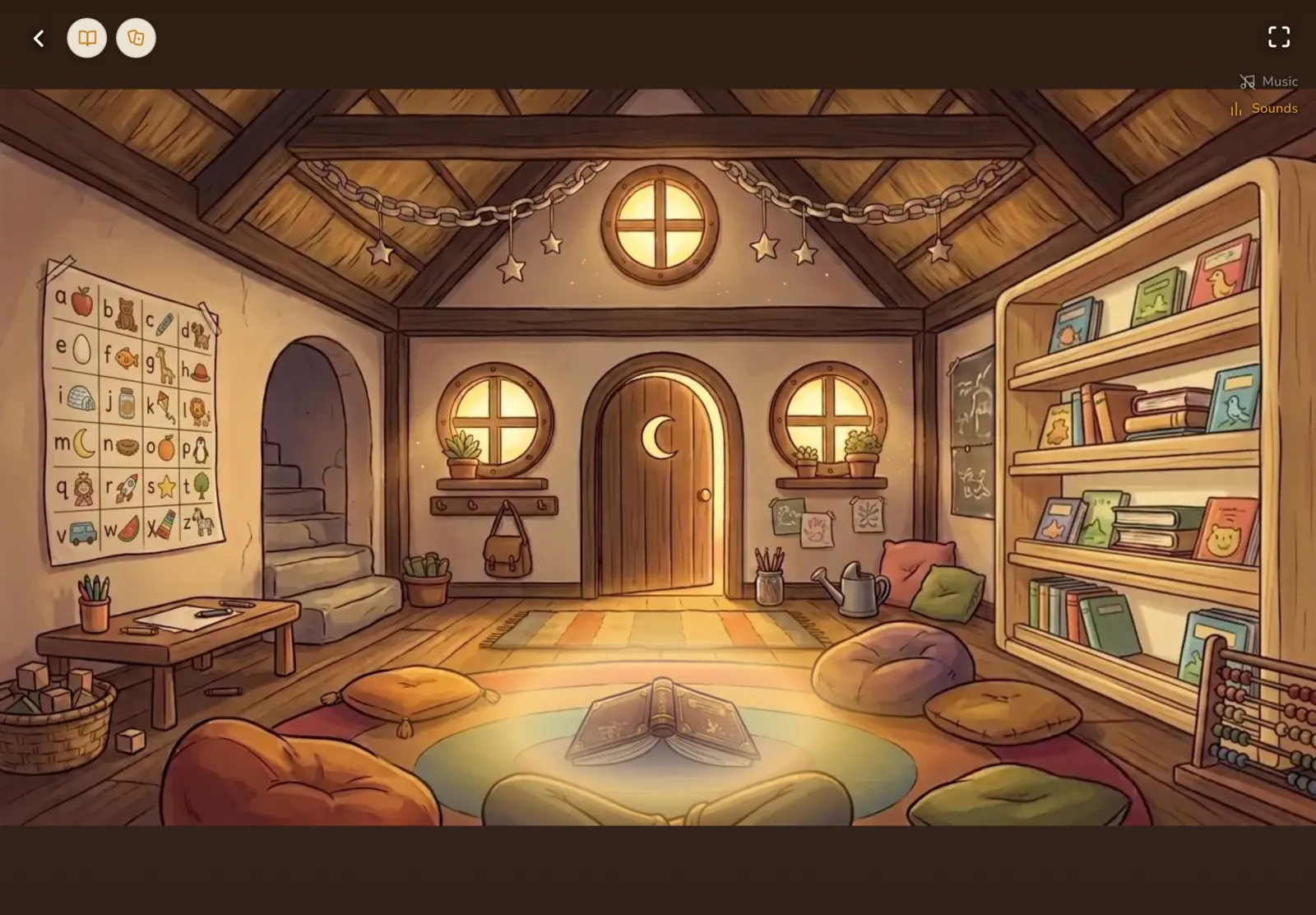 The Schoolhouse in the Mukashi app: a warm classroom with an alphabet chart, stone stairs, a crescent-moon door, a shelf of picture books and an open book on the rug.